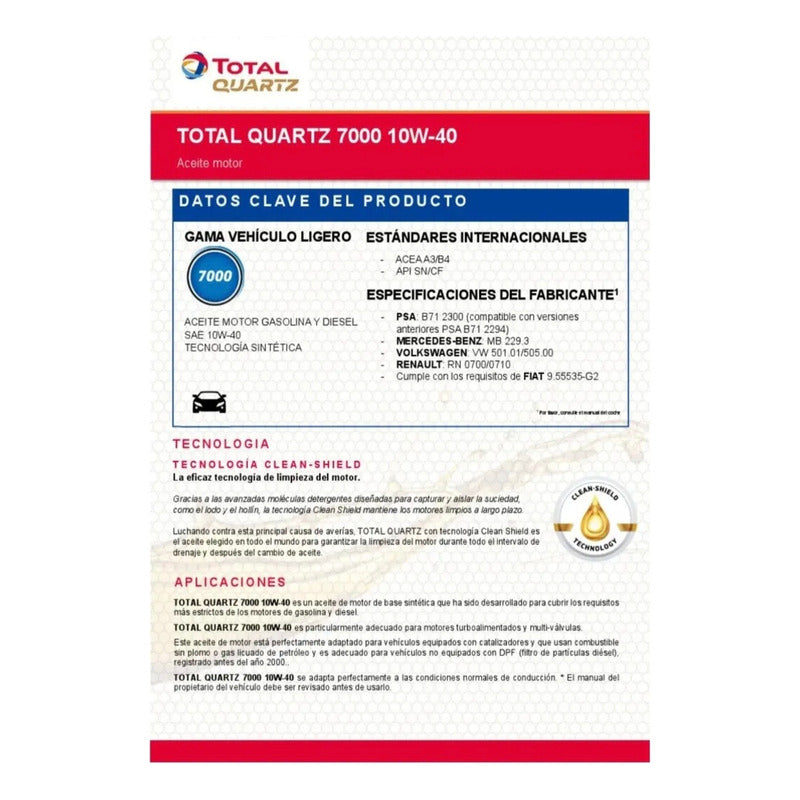Aceite Total Quart 7000 Diésel Y Bencinero 10w40 4litros