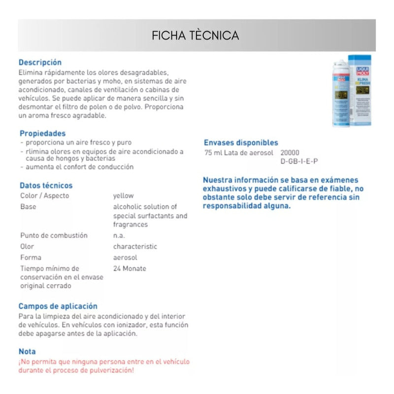 Limpiador Aire Acondicionado Liqui Moly Klima Fresh 75ml