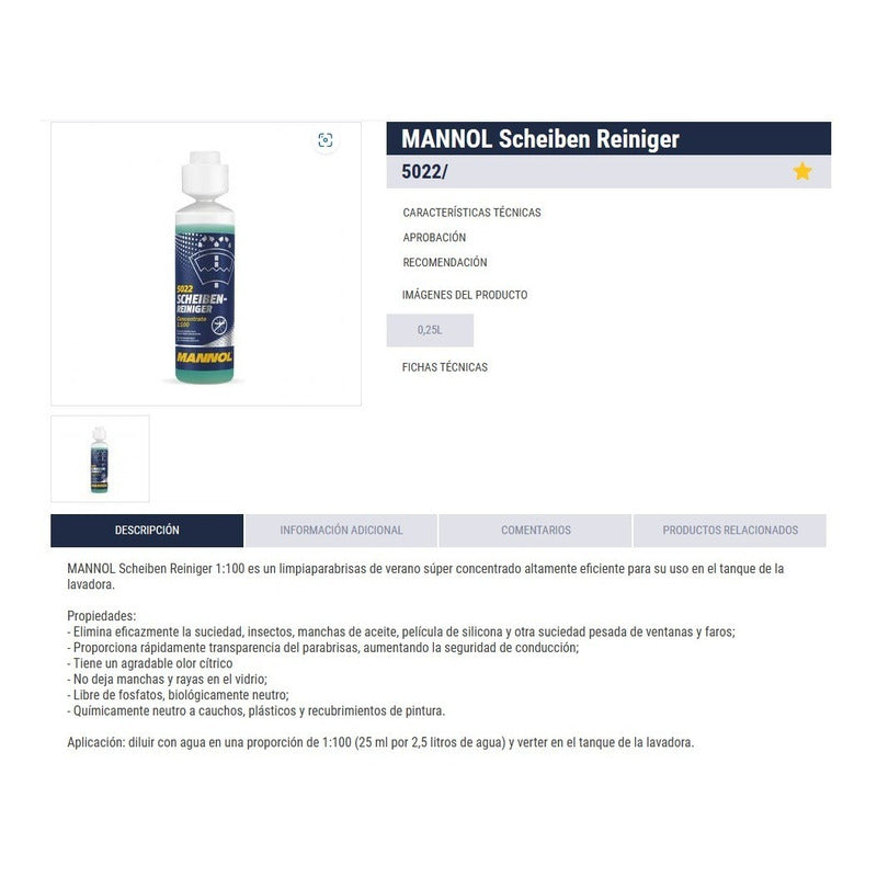 Limpiador Parabrisas Super Concentrado Mannol 250ml