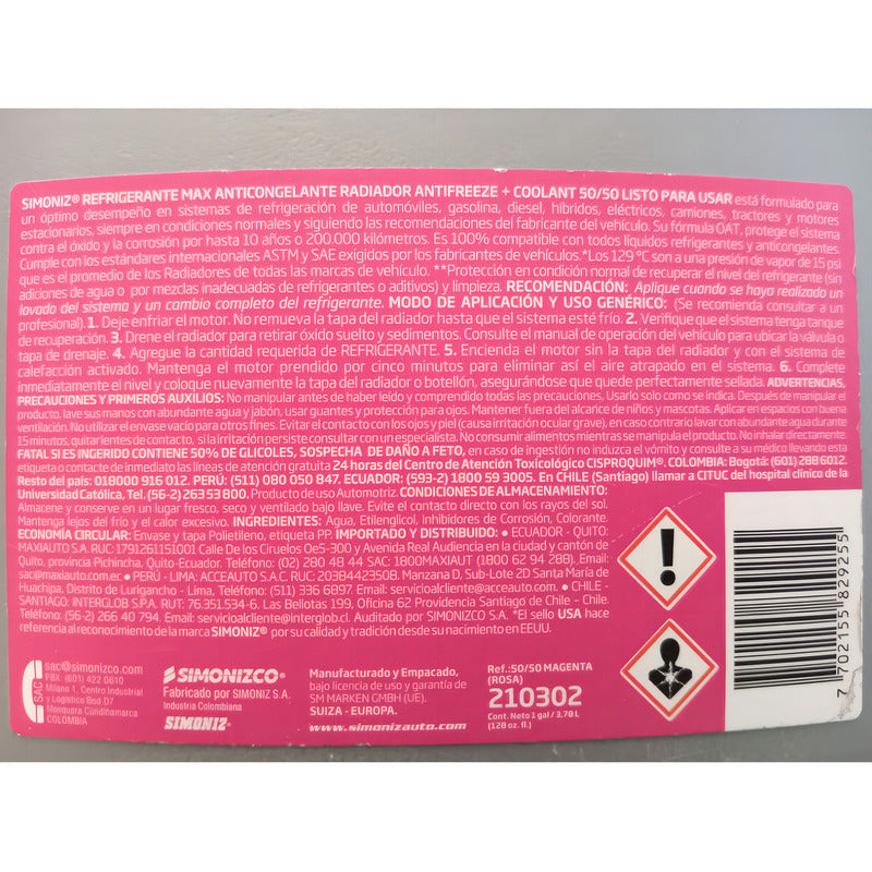Refrigerante Antifreeze Simoniz Vehículo Europeos Y Asiáticos Color Rosado