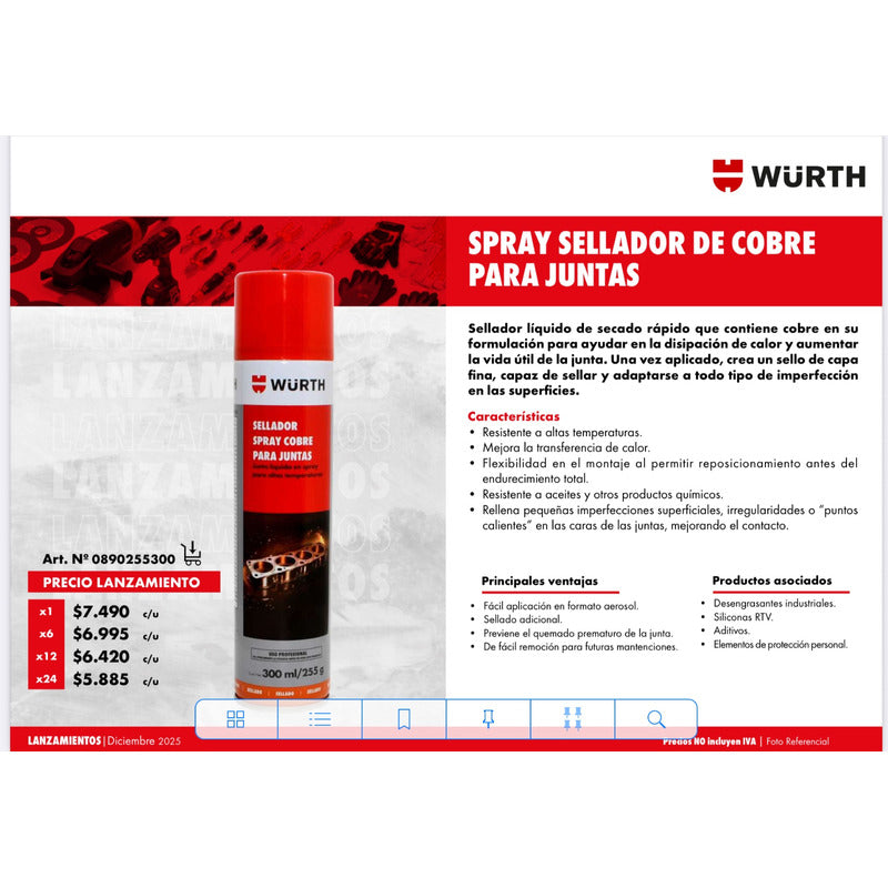 Spray De Cobre Para Juntas De Culata Wurth 300 Ml Cobre