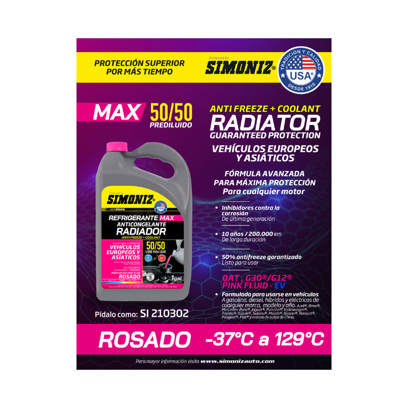 Refrigerante Antifreeze Simoniz Vehículo Europeos Y Asiáticos Color Rosado