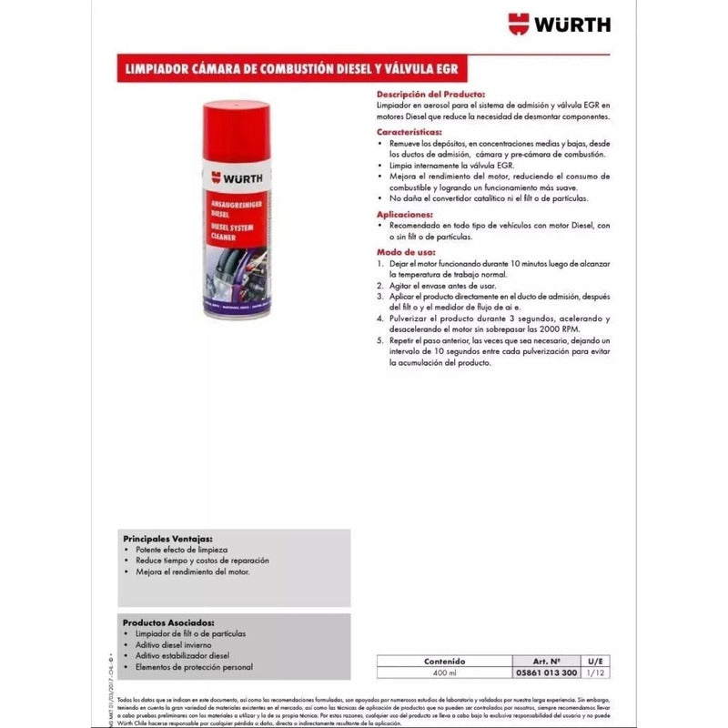 Limpiador De Sistemas Diesel Y Valvulas Egr Wurth 400ml
