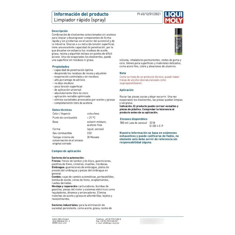 Limpiador De Frenos Y Desengrasante Liqui Moly 500ml